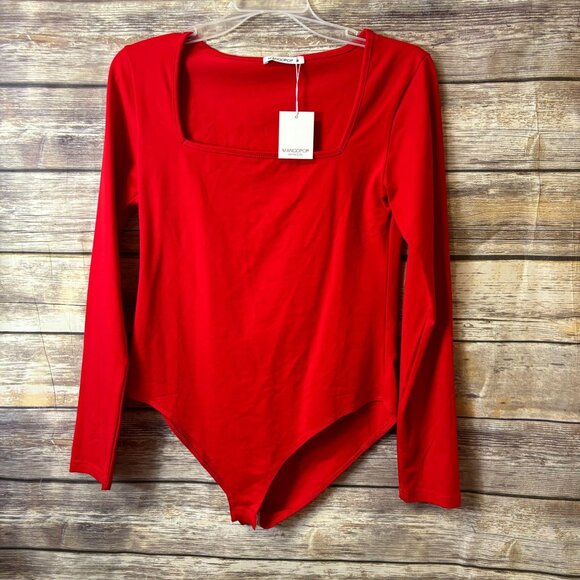 Mangopop Bodysuit M Medium Red Square Neck Long Sleeve Top NWT - Picture 3 of 5